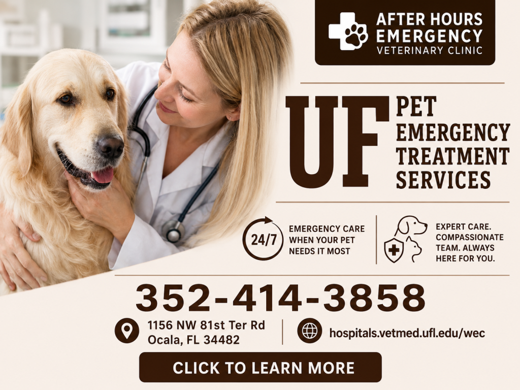 UF Pet Emergency Treatment Services ad showing a veterinarian with a golden retriever and contact information for 24/7 emergency veterinary care in Ocala, Florida.